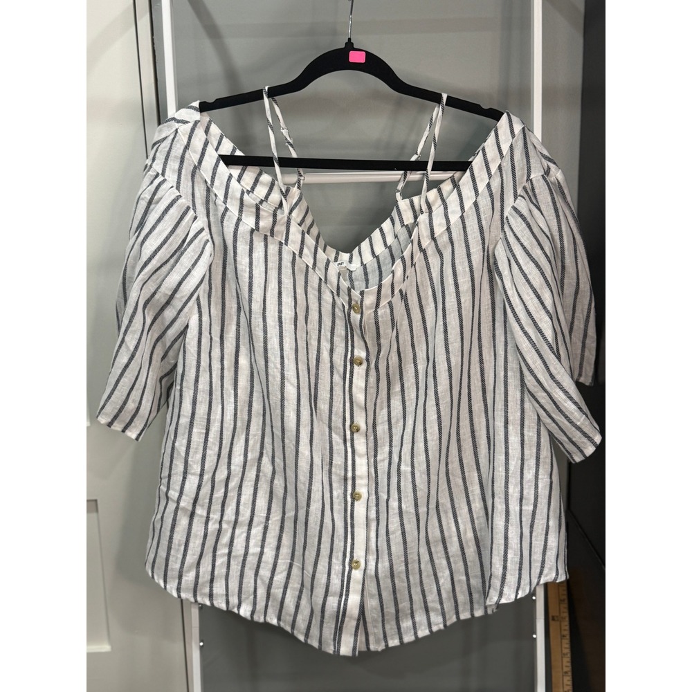 BP Nordstrom Striped Linen Blend Off Shoulder Top Blue White XL Milkmaid Coastal